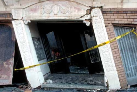  Entrance to Beach Street apartment complex in ruins after earthquake