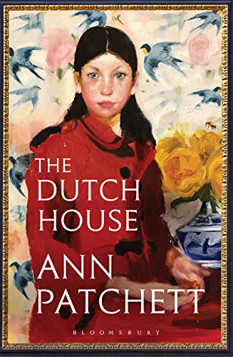 book cover of Ann Patchett's Dutch House, a girl with dark hair in front of wallpaper.
