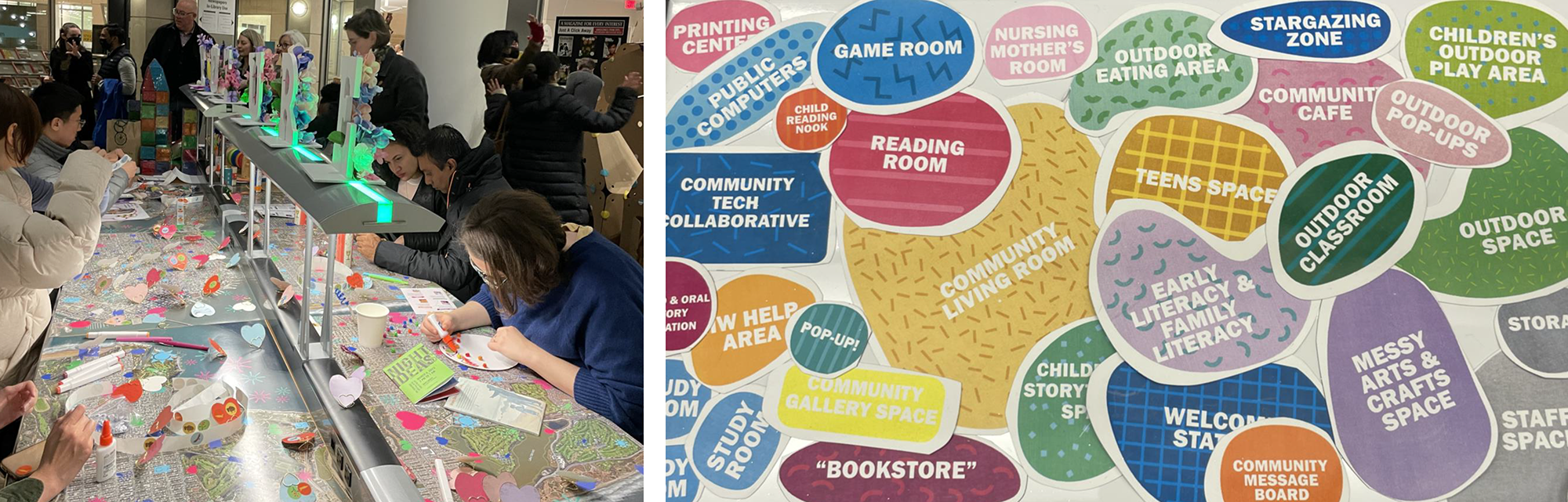 Night of Ideas Strategic Plan community art workshops using colorful shapes to arrange library spaces and programs such as reading rooms, craft areas, bookstore, or study rooms in a plan diagram. 