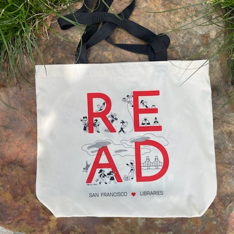 Canvas tote with READ printed on it
