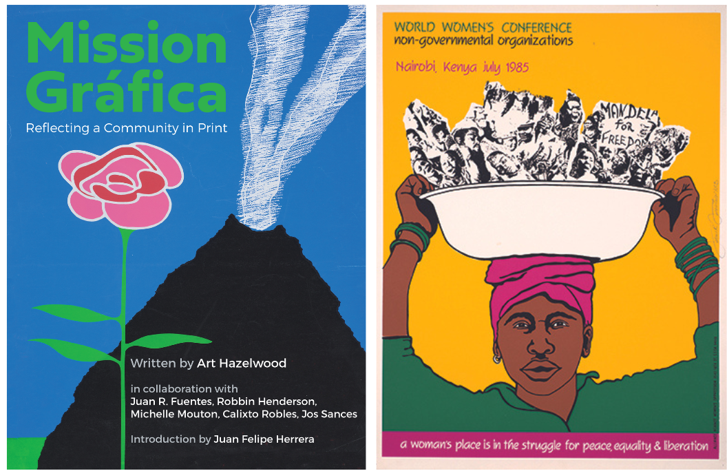 Mission Grafica book cover and Juan R. Fuentes, World Women’s Conference, Printer: Mission Gráfica, 1985, Screenprint,  24 3/4" x 18 3/4".