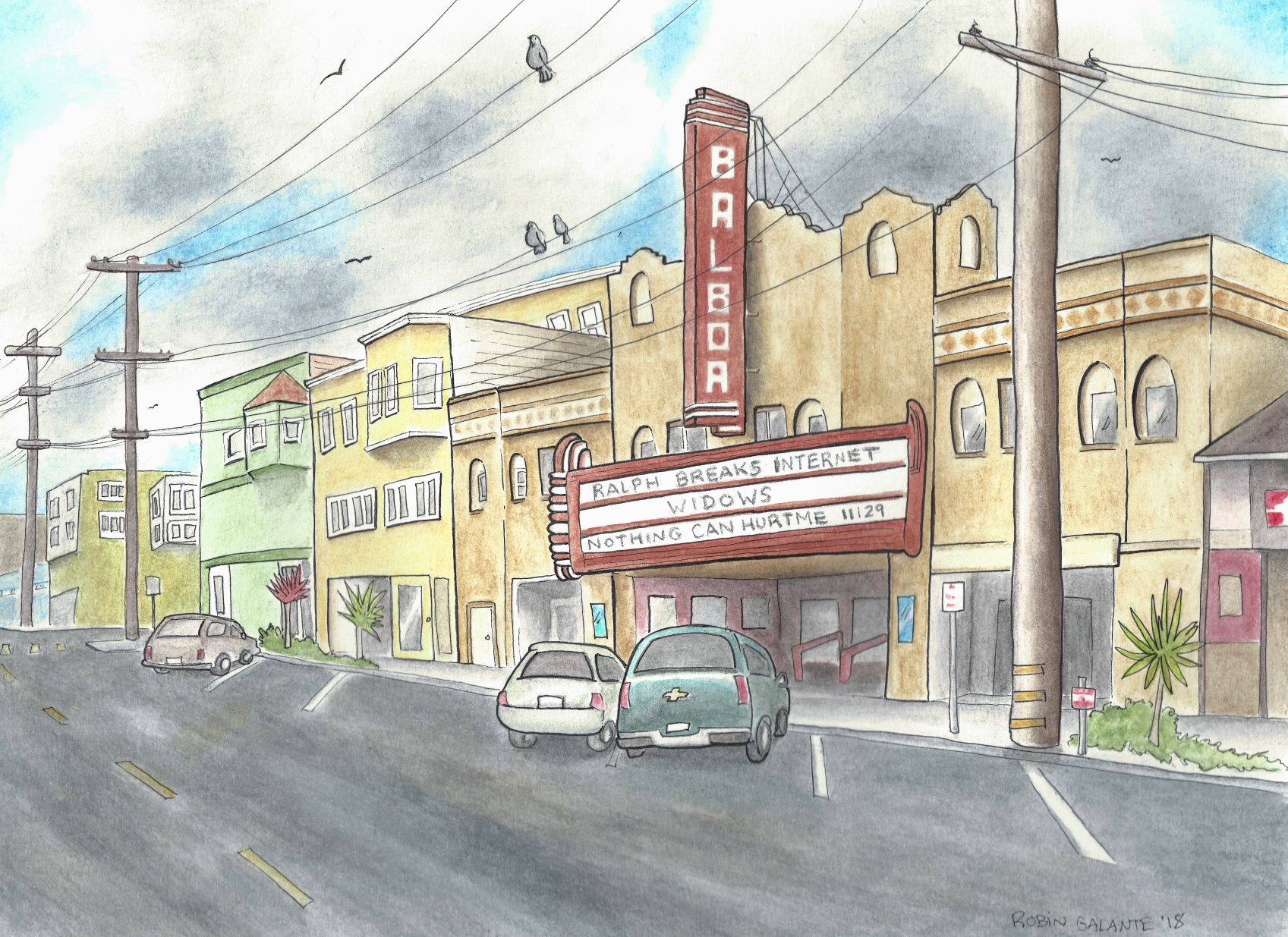 Watercolor image of the Balboa Theater 