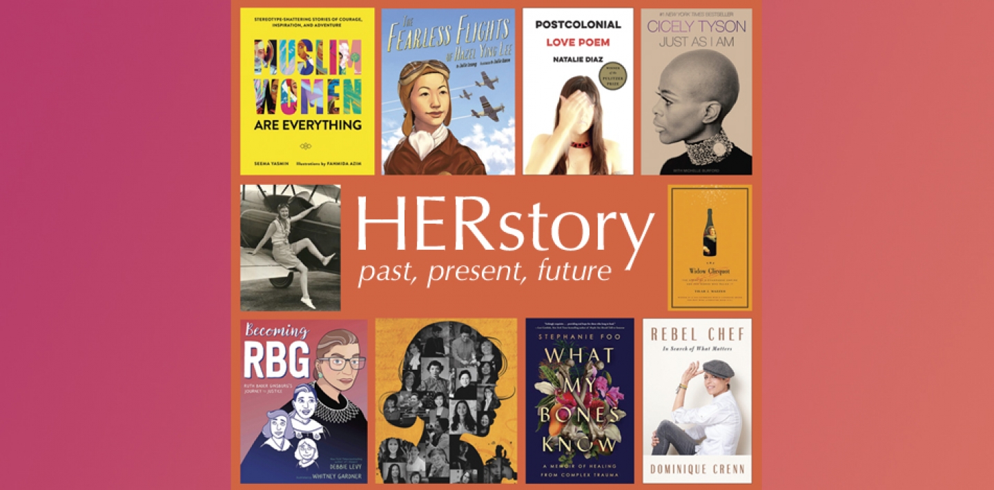 Herstory in text logo with book covers 