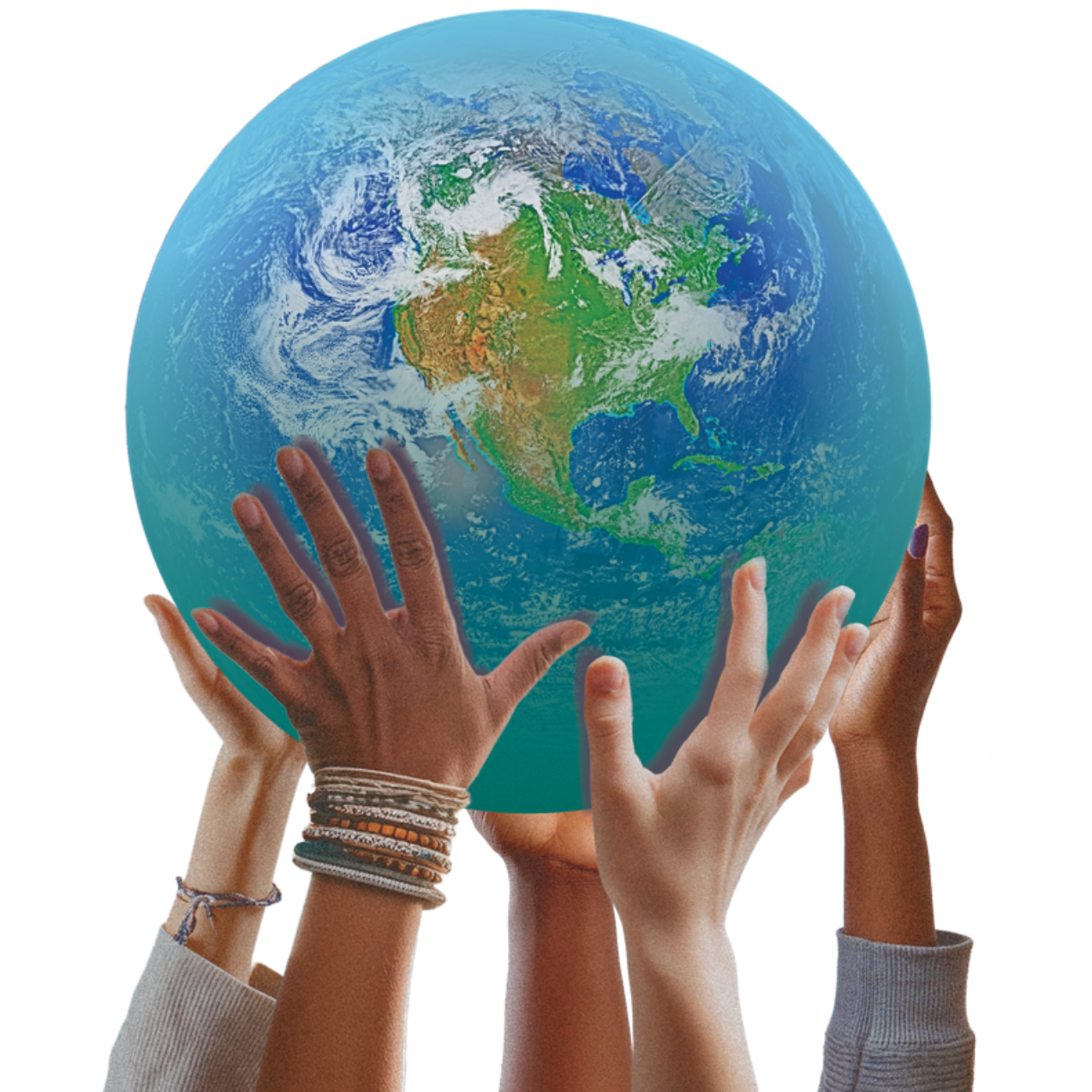 Six realistic human hands of various sizes and hues gently support a blue and green planet earth against a white background.