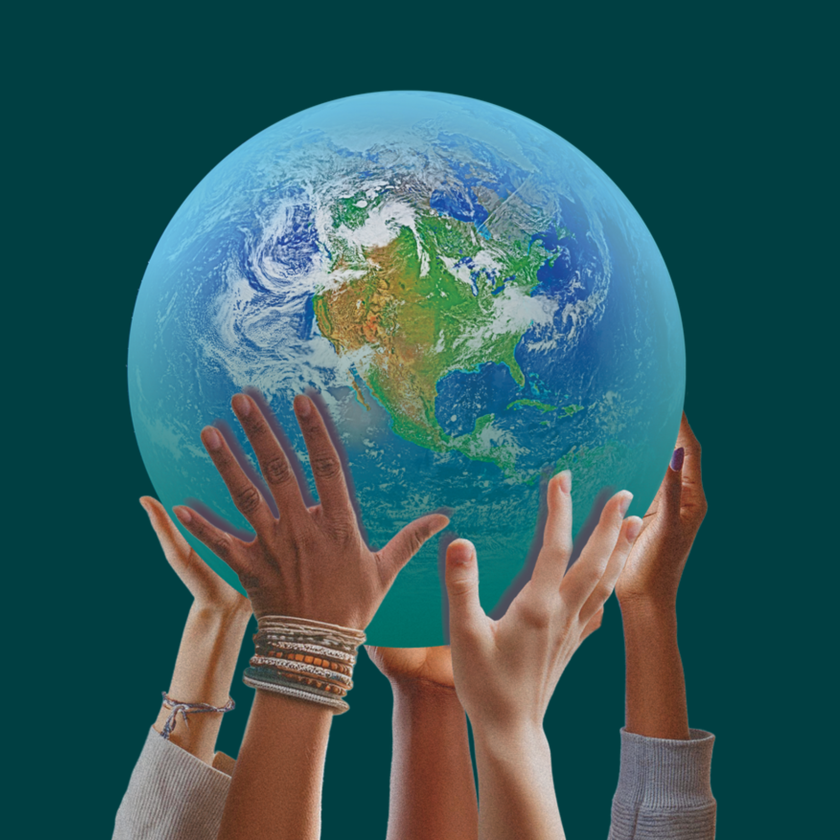 Several photorealistic hands of many skin tones and with sleeves and or jewelry on wrists gently hold up a blue and green earth. Dark teal background.