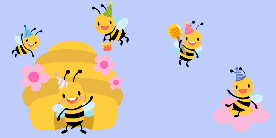 Drawing of five bees with party hats