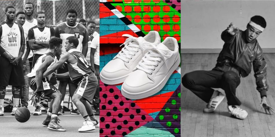 An image of a group of Black men playing street basketball; a pair of clean white sneakers; a Black break-dancer mid-dance. An image of a group of Black men playing street basketball; a pair of clean white sneakers; a Black break-dancer mid-dance.