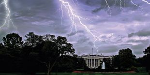 Flash of lightning over The White House in a stormy sky