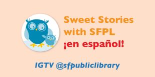 Blue storytime owl and @sfpubliclibrary Instagram handle