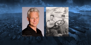 Image of speaker and historic photo of two men driving toward San Francisco. 