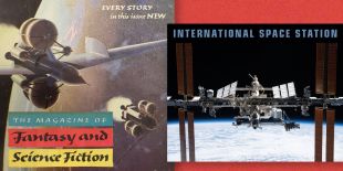 On the left, an illustration of a spaceship with the Earth in the background, from the cover of The Magazine of Fantasy and Science Fiction. On the right, an image of the International Space Station with the Earth in the background.