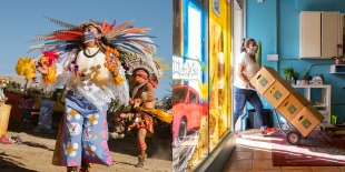 There are two images. On the left, participants in costume take part in the Dia de los Muertos festival in the Fruitvale District of Oakland. On the right, a person wearing a mask pushes four cardboard boxes on a dolly through the door.