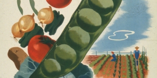 World War II era poster. Title reads &quot;Your victory garden counts more than ever!&quot; Painted images of vegetables are overlaid on a background image of two farmers working in a garden.