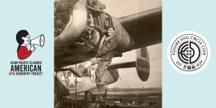 In the center of the image is a sepia photograph of a grinning army sergeant posing near a propeller plane. On the left is the logo of the APIA Biography Project. On the right is the logo of the Square and Circle Club.