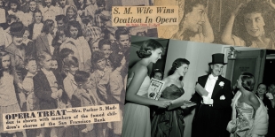 Three black and white images are arrayed collage-style, showing schoolchildren attending the opera, a soprano preparing in her dressing room, and well-dressed opera guests in the opera lobby.