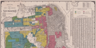 Approximately the top half of a 1937 map of San Francisco in black and white with color overlays in yellow, blue, green and pink on approximately the left two thirds of the residential blocks.