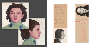 On the left, two overlapping square images of oil paintings of mug shots (one facing out, and one in profile), on a dark grey background. On the right, two digital collage images using black and white mug shot photos and various handwritten and stamped words.