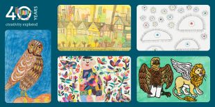 Image of 5 library card designs on a dark blue background, with the 40th anniversary logo of Creativity Explored in the upper left corner. The library card designs are artworks depicting, respectively, an owl, houses in San Francisco, a person in a field of flowers, abstract shapes on a white background, and an eagle and winged lion.