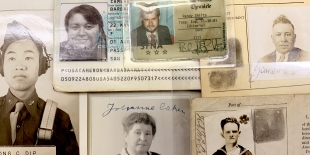 Overlapping identification documents show photographs of various people from different time periods