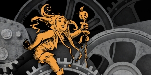 An illustrated jester sits among large gray gears in an image reminiscent of the iconic scene from the Charlie Chaplin film &quot;Modern Times&quot;