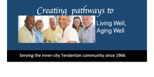 photo of smiling older adults on a blue background with the phrase Creating pathways to Living Well, Aging Well