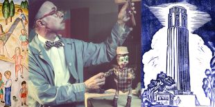 Photograph of artist in profile holding up a marionette puppet of a bee wearing a plaid button-down shirt and a beige baseball cap. On the right side of the image is a blue and white print of Coit Tower and on the left is a close up of a colorful mural of children playing, which was painted at Coit Tower. Both artworks were created by the artist holding the puppet, Ralph Chessé. 