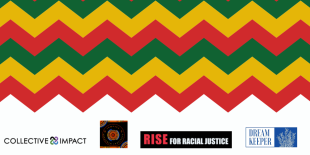 Green, gold and red chevron pattern on a white background. Collective Impact, RISE for Racial Justice and Dream Keepers logos run along the bottom of the page. 