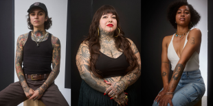 Large group of tattooed bodies in all shapes, colors and sizes, standing with their backs to the viewer. Each person wears a small, white bikini or loincloth, showing off their colorful, full-body tattoos. 