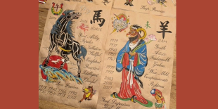 Hand-drawn, tattoo-style illustrations of the zodiac animals: horse and ox. There is text next to the animals describing the characteristics each exemplifies.   