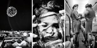 Hamburger Eyes exhibition: From left: Bill Burke, Nantasket Beach, July 4, 1973; Tamas Bernath, Vac, Hungary, 2020; Nick Slobin, Flight attendants aboard a flight from Paris to Iceland, Paris, France. 2017.