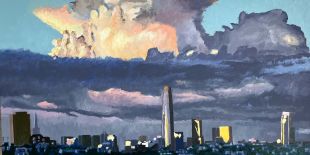 Moody oil painting of downtown San Francisco looking from the Southeastern part of the City. A giant, white-pink cloud pierces a light blue sky, with darker grey clouds hovering over the skyline beneath. The Salesforce Tower bisects the painting; the Transamerica Pyramid is on the left side of the painting, looking small in comparison.