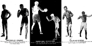 Black and white triptych featuring historic photographs of three Filipino American boxers in double shot. The photos are rasterized so the boxers' features are obscured.  