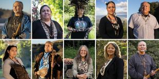A grid of color photographic portraits of ten tribal community members from California's South Coast Range. 