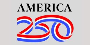 America's 250 written in black, red, white and blue on a light grey background