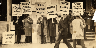 Demonstrators protest the bombing of Madrid during the Spanish Civil War, San Francisco, ca. 1936–1937. 