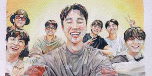 Watercolor-style illustration of South Korean group BTS member Jimin smiling in the foreground, with the six smaller smiling faces of the remaining members Jin, J-Hope, Jung Kook, V, RM and Suga sitting around him, all against a light yellow background.
