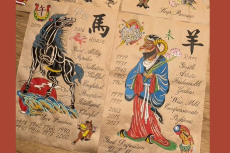 Hand-drawn, tattoo-style illustrations of the zodiac animals: horse and ox. There is text next to the animals describing the characteristics each exemplifies.   