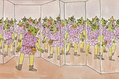 Illustration of a green monster wearing a light purple tunic, yellow tights and ankle boots staring into a hall of mirrors. The monster is mirrored 100 times.