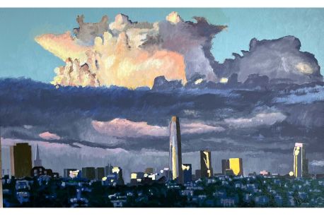 Moody oil painting of downtown San Francisco looking from the Southeastern part of the City. A giant, white-pink cloud pierces a light blue sky, with darker grey clouds hovering over the skyline beneath. The Salesforce Tower bisects the painting; the Transamerica Pyramid is on the left side of the painting, looking small in comparison.