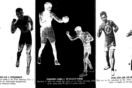 Black and white triptych featuring historic photographs of three Filipino American boxers in double shot. The photos are rasterized so the boxers' features are obscured.  