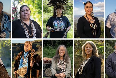 A grid of color photographic portraits of ten tribal community members from California's South Coast Range. 