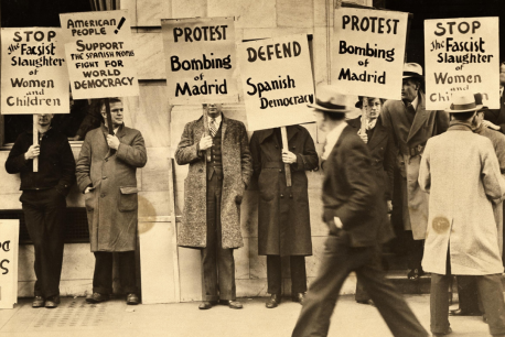 Demonstrators protest the bombing of Madrid during the Spanish Civil War, San Francisco, ca. 1936–1937. 