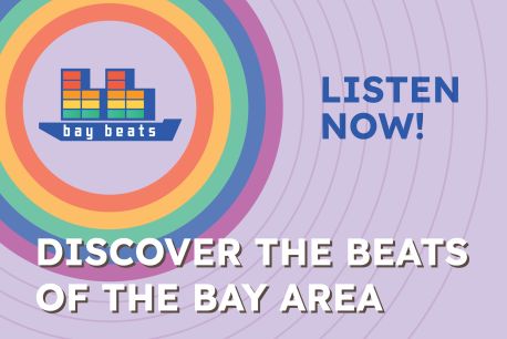 Graphic for Bay Beats featuring a colorful equalizer logo surrounded by concentric rainbow-colored circles on a lavender background. Text reads, “Listen Now! Discover the Beats of the Bay Area.”