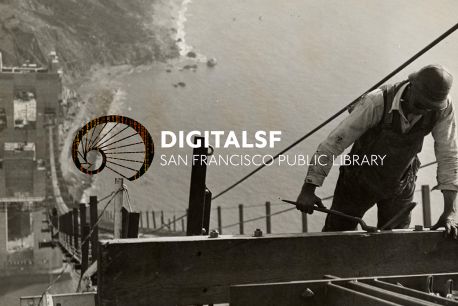Black-and-white historical photograph of a construction worker standing on a steel beam high above the San Francisco waterfront. Overlaid text reads “DigitalSF San Francisco Public Library,” accompanied by the DigitalSF spiral logo.