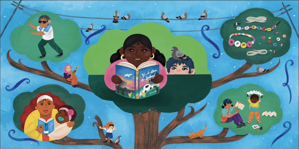 Drawing of tree and characters doing library activities