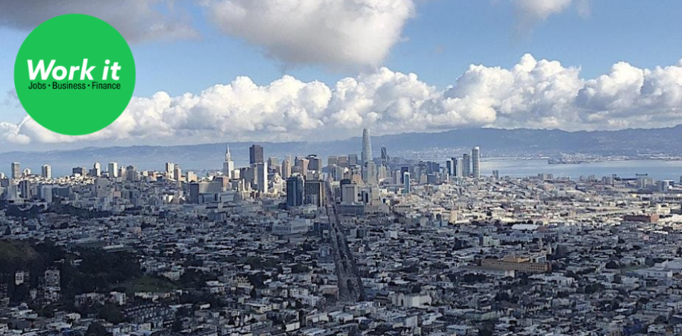 San Francisco skyline with Work It logo