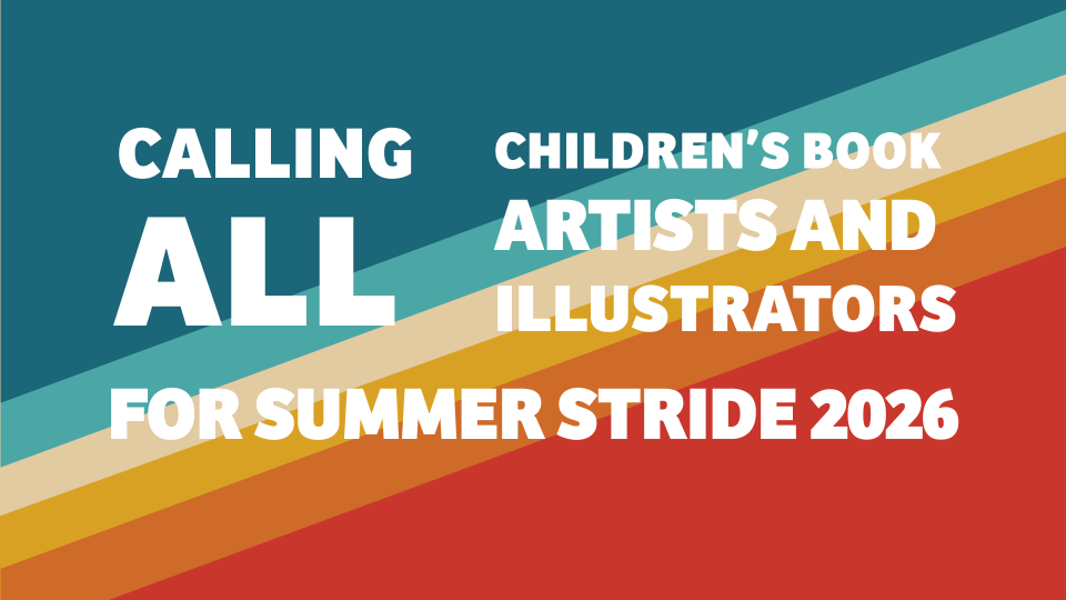 Rainbow background with text calling for artists