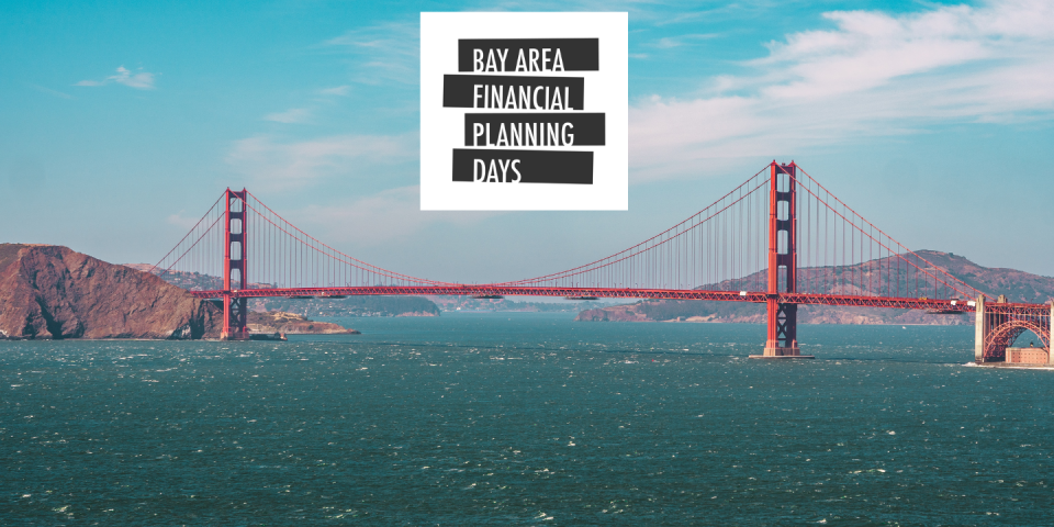 Golden Gate Bridge and San Francisco Bay with Bay Area Financial Planning Days logo