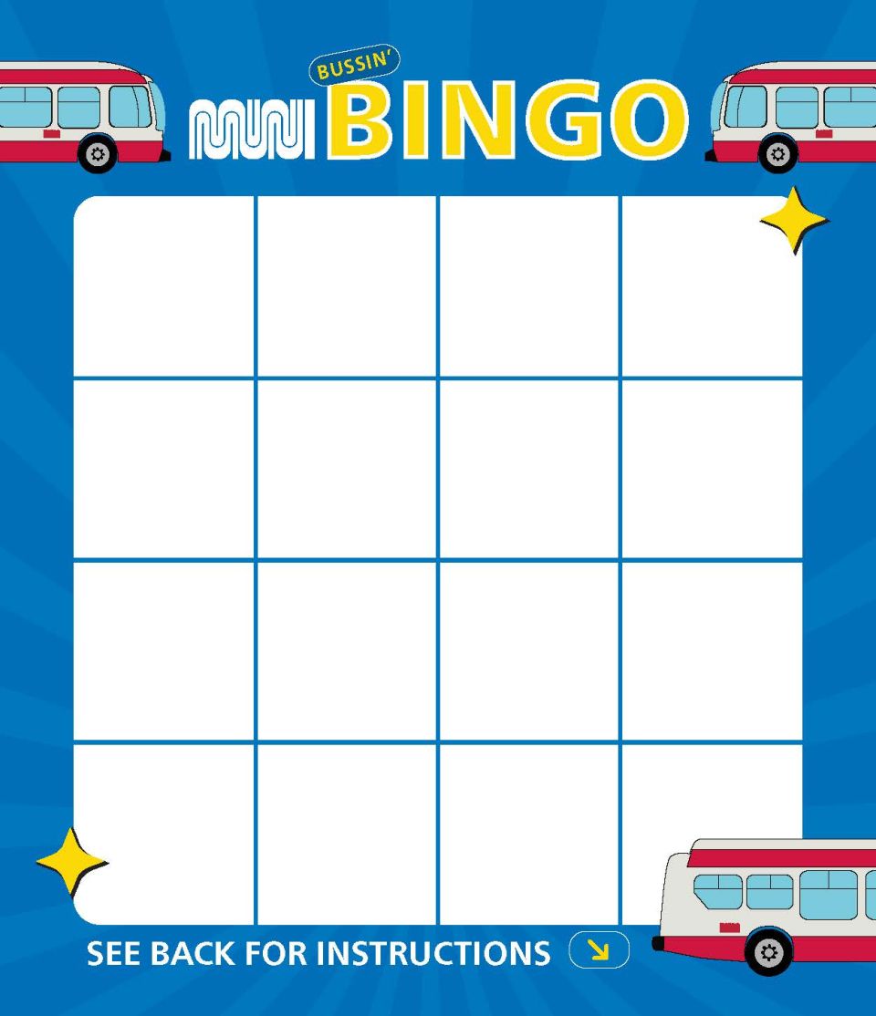 Muni's Bussin' Bingo Card featuring graphics of Muni buses