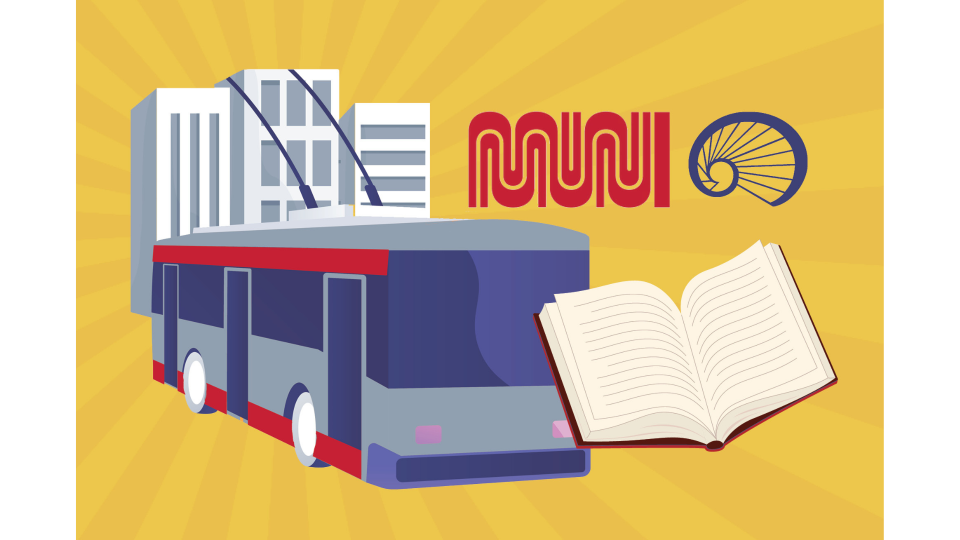 Illustration of a Muni bus and book emerging from a city landscape. Muni and San Francisco Public Library logos are featured